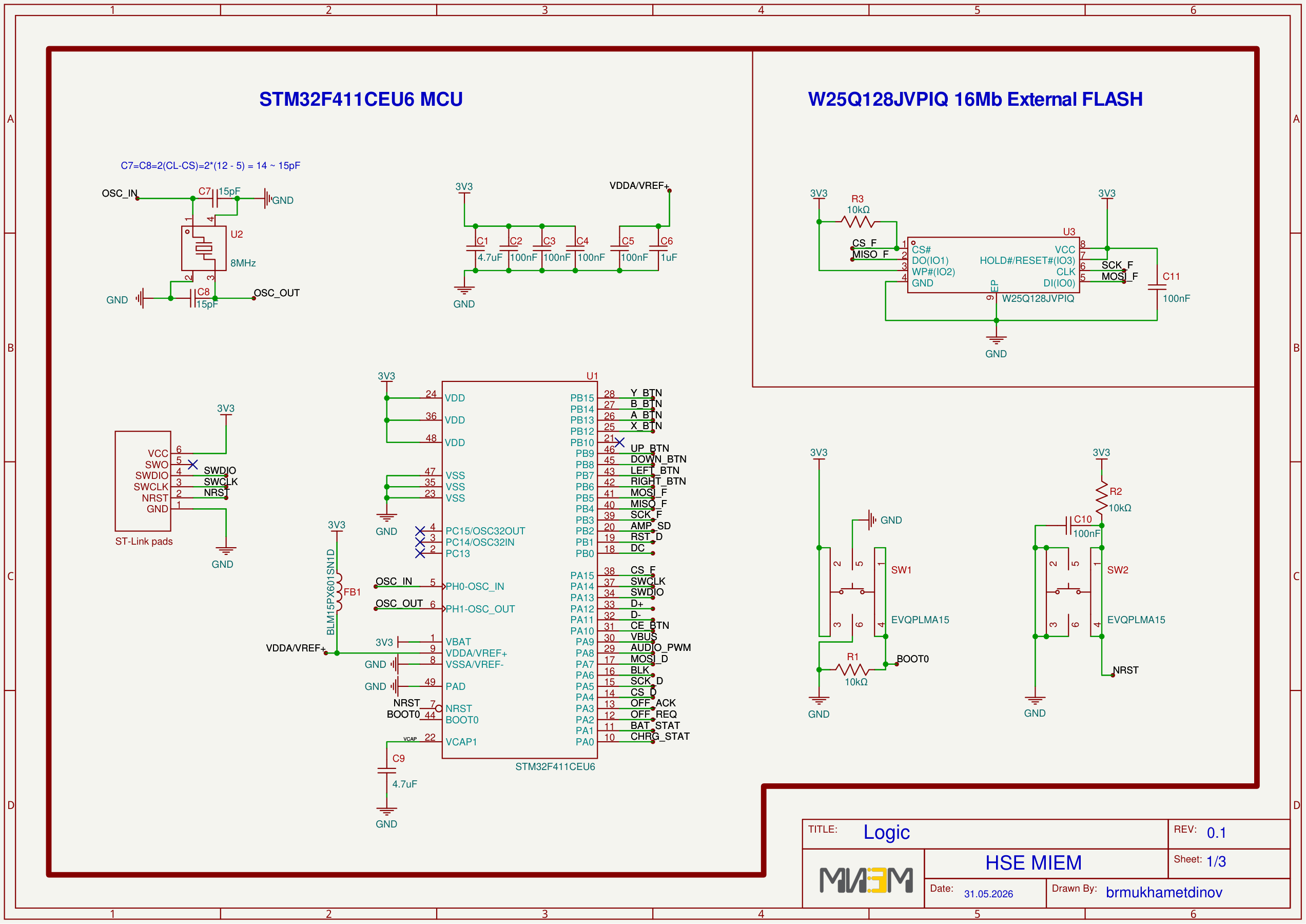 Рисунок 4, лист 1/3 — Цифровая часть: микроконтроллер STM32F411CEU6 и внешняя Flash W25Q128
