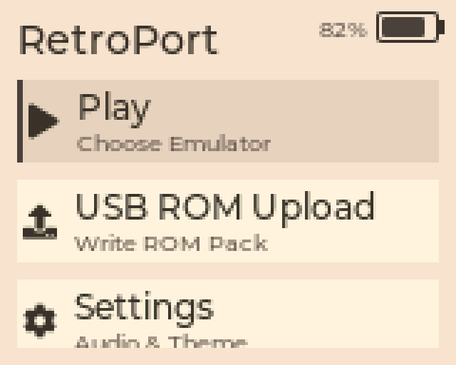 Экран 1 — Главное меню RetroPort (Play / USB ROM Upload / Settings)